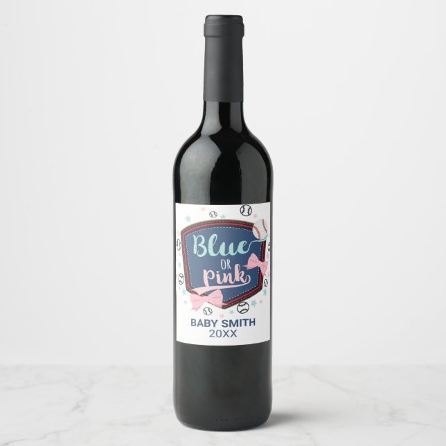 blue or pink Baseball or bows Gender Reveal Paper  Wine Label (Front)
