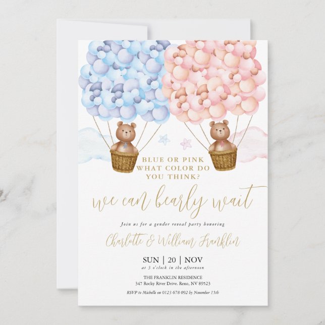 Blue Or Pink Bearly Wait Gender Reveal Party Invitation (Front)