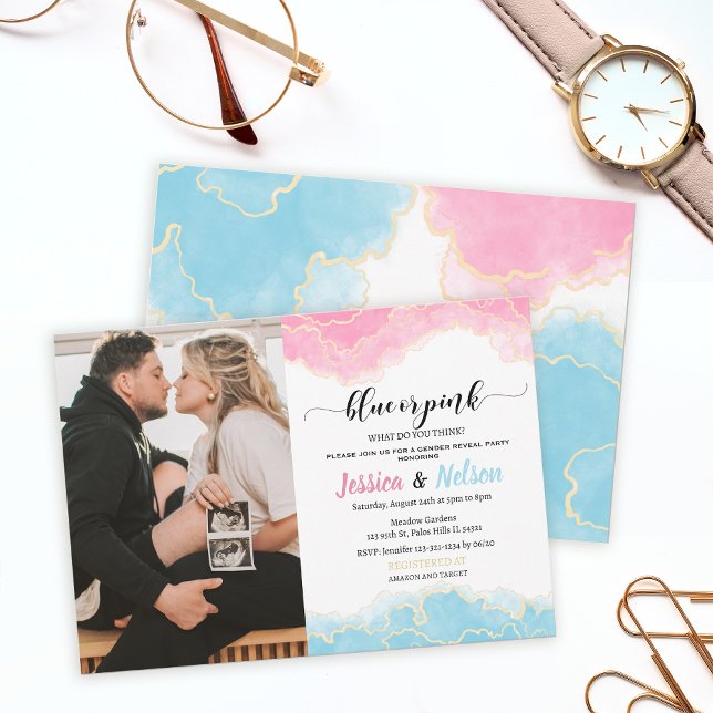 Blue or pink Boy or girl Gender reveal photo Invitation (Creator Uploaded)