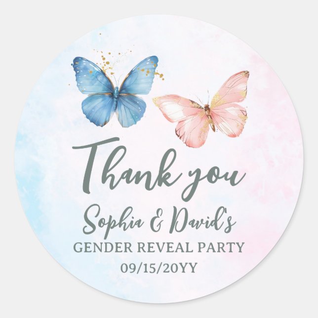 Blue or Pink Butterfly Gender Reveal Party Classic Round Sticker (Front)