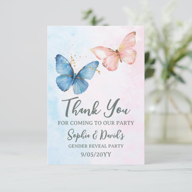 Blue or Pink Butterfly Gender Reveal Party Thank You Card (Standing Front)