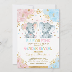 Blue or Pink Elephant Gender Reveal Baby Shower Invitation