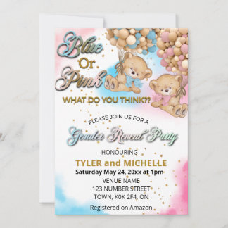 Blue or Pink Gender Reveal Teddy Bear Invitation