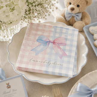 Blue or Pink Gingham Bow Gender Reveal Baby Shower Napkins