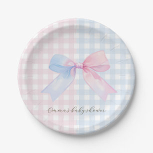 Blue or Pink Gingham Bow Gender Reveal Baby Shower Paper Plates