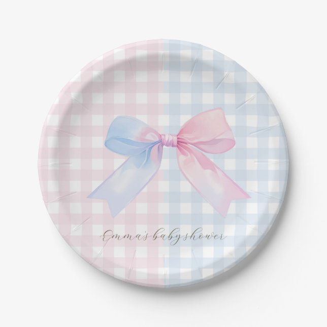 Blue or Pink Gingham Bow Gender Reveal Baby Shower Paper Plates (Front)