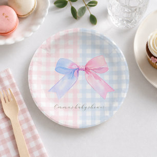 Blue or Pink Gingham Bow Gender Reveal Baby Shower Paper Plates