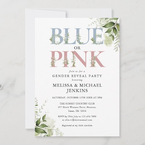 Blue Or Pink Greenery Letter Gender Reveal Party Invitation