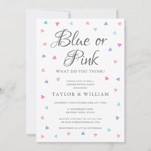 Blue Or Pink Hearts Gender Reveal Party Invitation