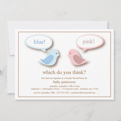 Blue or PInk Little Birds Gender Reveal Party Personalized Invite
