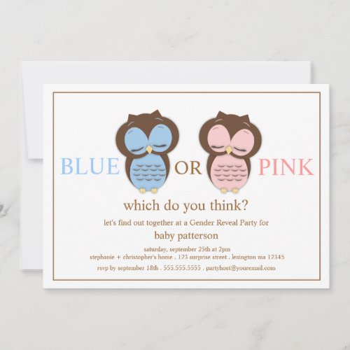 Blue or PInk Little Owls Baby Gender Reveal Party Custom Announcements