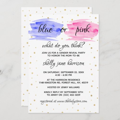 Blue Or Pink Modern Watercolor Gender Reveal Party Invitation