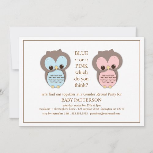 Blue or PInk Owl Baby Gender Reveal Party Announcements