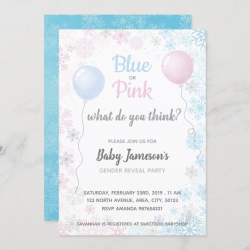 Blue or Pink Snowflakes Gender Reveal Baby Shower Invitation