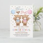 Blue or Pink Teddy Bear Balloons Gender Reveal Invitation (Standing Front)