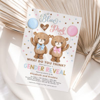 Blue or Pink Teddy Bear Balloons Gender Reveal Invitation