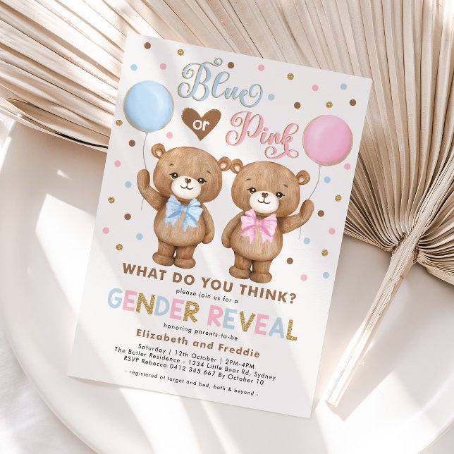 Blue or Pink Teddy Bear Balloons Gender Reveal Invitation
