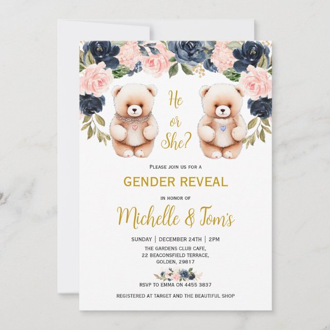Blue or Pink Teddy Bear Gender Reveal Party Invitation (Front)