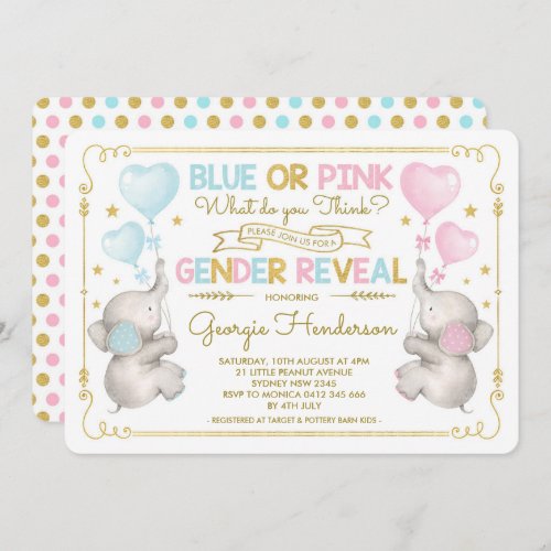 Blue or Pink Twins Elephant Gender Reveal Baby Invitation