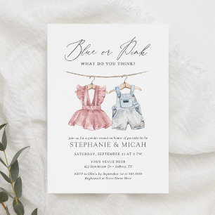 Blue or Pink Watercolor Baby Clothes Gender Reveal Invitation