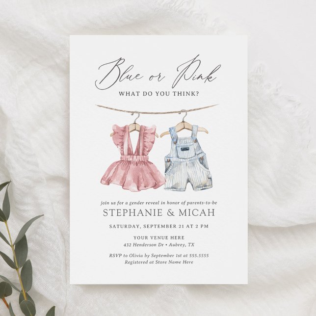 Blue or Pink Watercolor Baby Clothes Gender Reveal Invitation (Creator Uploaded)