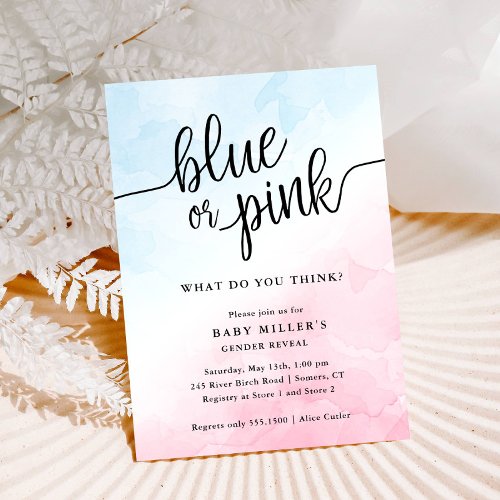 Blue or Pink Watercolor Baby Gender Reveal Invitation