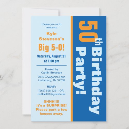 Blue  Orange 50th Birthday Party Invitation