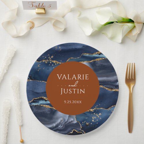 Blue  Orange Agate Wedding Paper Plates