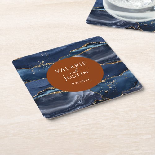 Blue  Orange Agate Wedding Square Paper Coaster