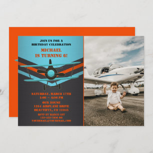 Blue, Orange Airplane Aviation Biplane Birthday Invitation