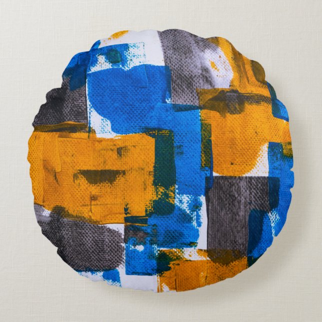 Blue, orange, and gray abstract art round pillow (Front)