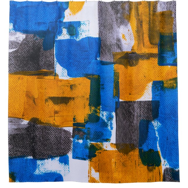 Blue, orange, and gray abstract art shower curtain (Front)