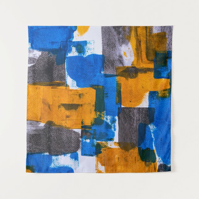 Blue, orange, and gray abstract art tapestry (Front)