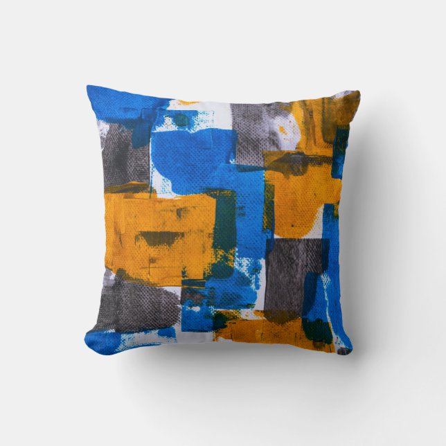 Blue, orange, and gray abstract art throw pillow (Front)