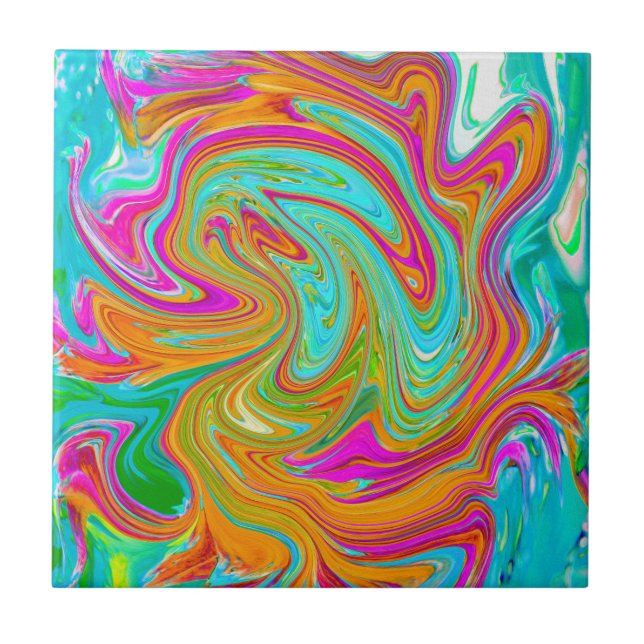 Blue, Orange and Hot Pink Groovy Abstract Retro Ceramic Tile (Front)