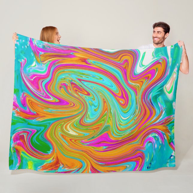 Blue, Orange and Hot Pink Groovy Abstract Retro Fleece Blanket (In Situ)
