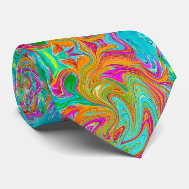 Blue, Orange and Hot Pink Groovy Abstract Retro Neck Tie (Rolled)