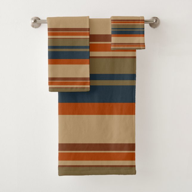 Blue orange and olive stripes bath towel set (Insitu)