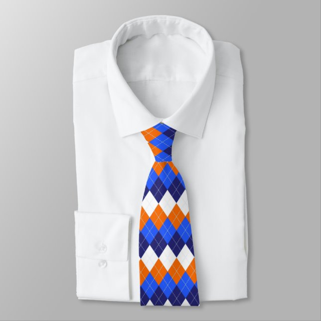 Blue, Orange and White Argyle Neck Tie (Tied)