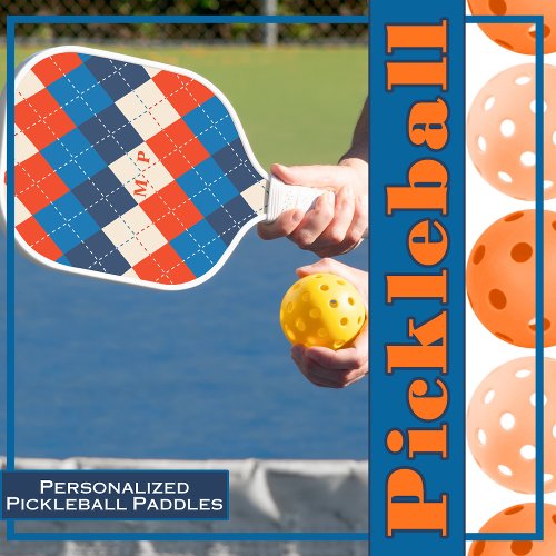 Blue Orange and White Preppy Sporty Argyle Pickleball Paddle