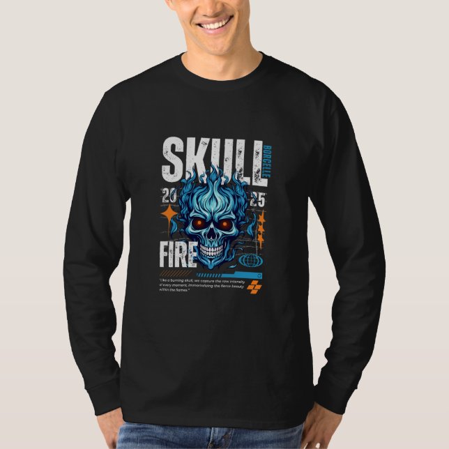 Blue, Orange, and White Skull Maximalist Streetwea T-Shirt (Front)