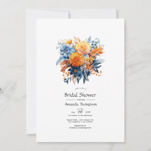 Blue Orange and Yellow Floral Bridal Shower Invitation