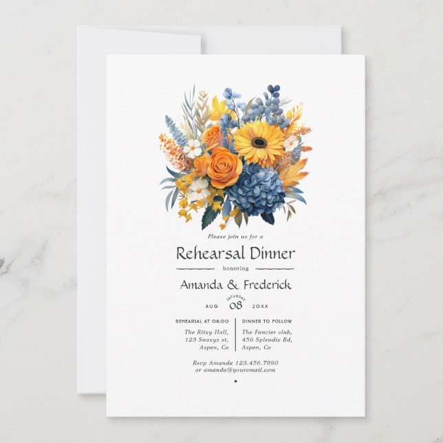 Blue, Orange and Yellow Floral Rehearsal Dinner Invitation (Front)