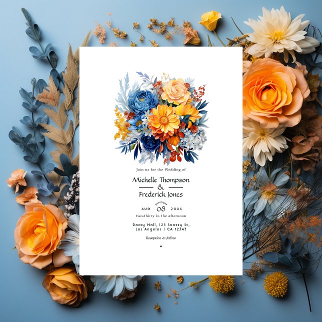 Blue, Orange and Yellow Floral Wedding Invitation (Creator Uploaded)