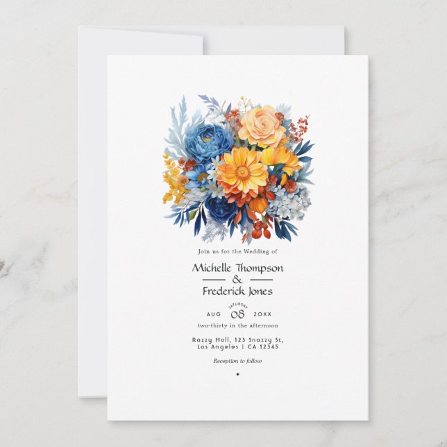 Blue, Orange and Yellow Floral Wedding Invitation (Front)