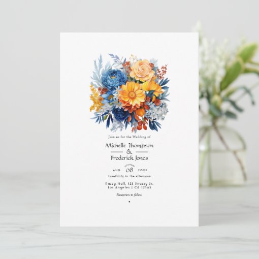 Blue, Orange and Yellow Floral Wedding Invitation | Zazzle