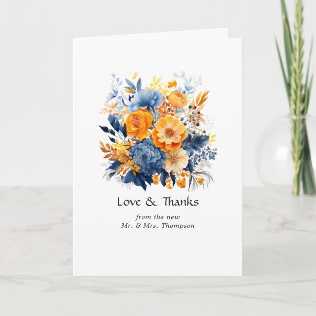 Blue, Orange and Yellow Floral Wedding Thank You Card (Front)