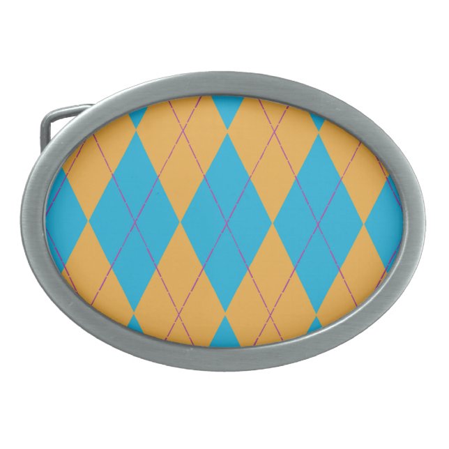 Blue & Orange Argyle Oval Belt Buckle (Front)