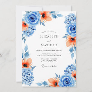 Blue Orange Artistic Blossom Wedding Invitation