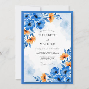 Blue Orange Artistic Floral Wedding Invitation